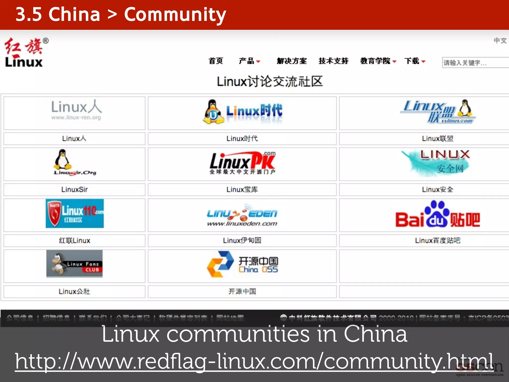 3.5 China > Community
Linux communities in China
http://www.redﬂag-linux.com/community.html
 