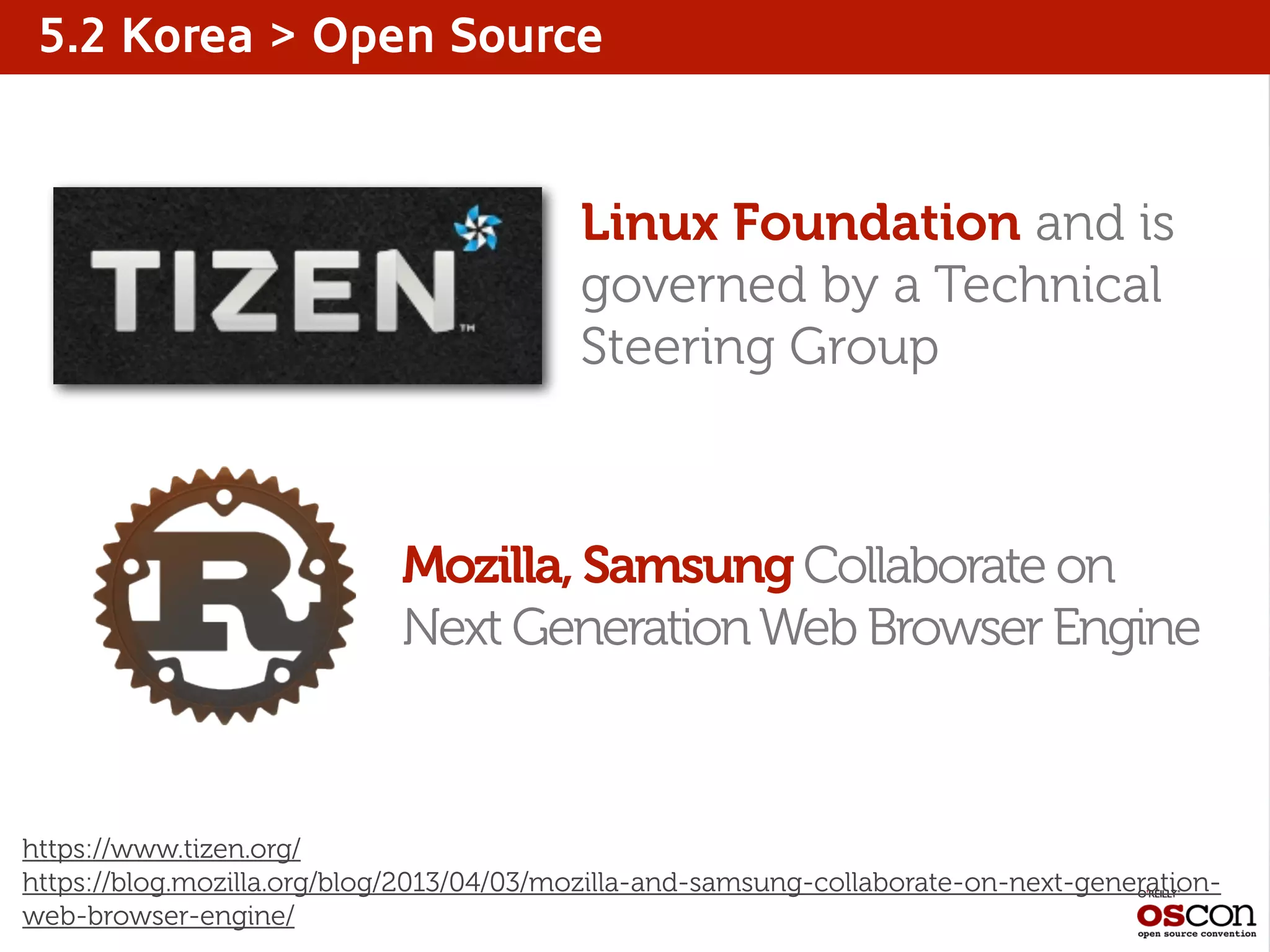 5.2 Korea > Open Source
Mozilla, Samsung Collaborate on
Next GenerationWeb Browser Engine
Linux Foundation and is
governed by a Technical
Steering Group
https://www.tizen.org/
https://blog.mozilla.org/blog/2013/04/03/mozilla-and-samsung-collaborate-on-next-generation-
web-browser-engine/
 