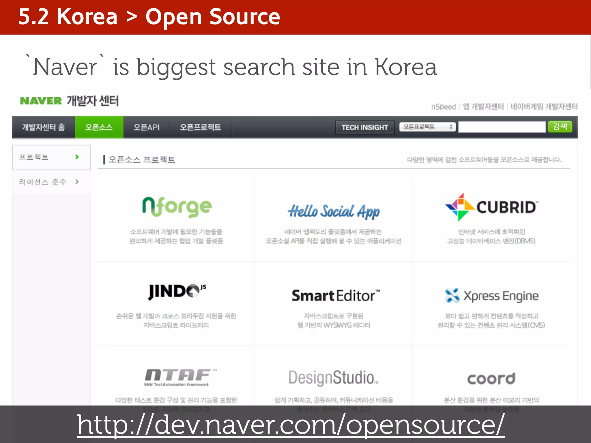 5.2 Korea > Open Source
`Naver` is biggest search site in Korea
http://dev.naver.com/opensource/
 