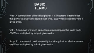 BASIC
TERMS
Watt- A common unit of electrical power. It is important to remember
that power is always measured over time. (W) When divided by volts it
gives amps.

Volt – A common unit used to measure electrical potential to do work.
(V) When multiplied by amps it gives watts.

Amp- A common unit used to quantify the strength of an electric current.
(A) When multiplied by volts it gives watts.

 