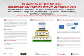 An Overview of Plans for SEAD:
Sustainable Environment through Actionable Data
Margaret Hedstrom1
, Beth Plale2
, Jim Myers3
, Praveen Kumar4
, Robert H. McDonald2
,
Ann Zimmerman1
, George Alter1
, Bryan Beecher1
, Katy Borner2
, Charles Severance1
,
John Wilkin1
, Karen Woolams1
1
University of Michigan, 2
Indiana University, 3
Rensselaer Polytechnic Institute, 4
University of Illinois
Introduction
This poster will present an overview of the proposed DataNet Sustainable Environment through
Actionable Data (SEAD) project. SEAD is a collaboration of the University of Michigan, ICPSR,
Indiana University, NCSA, Rensselaer Polytechnic Institute, and the University of Illinois that
will create a virtual organization (SEAD) dedicated to the development of community data
services supporting the emerging field of sustainability science. During its initial 18 months,
SEAD will develop a model for active and social curation that engages scientists and other
data producers in community data management.
Objectives
SEAD is aimed initially at sustainability scientists working on sustainable land use, water qual-
ity, urban planning and redevelopment, and agriculture in the Upper Great Lakes and Upper
Mississippi River Basin, but the concepts of active and social curation and SEAD’s Cyberinfras-
tructure and underlying business model are expected to be widely applicable to interdisci-
plinary research and communities in which long-tail data distributions exist. The project will
follow an active engagement strategy to work closely with sustainability researchers to devel-
op a working prototype in its first 18-month period that will include active and social curation
services, an Active Content Repository (ACR) supporting them and a virtual long-term archive
(VirtA) that supports long-term preservation.
Materials & Methods
Architecturally, the ACR can be viewed as a user-facing cache supporting incremental data
deposition and community curation activities and with VirtA serving as a a reference archive
that accumulates packaged data products and provides persistence over diverse and distribut-
ed institutional repositories.
The primary components of the 18month prototype for this project project are:
1. Active Content Repository (ACR)
2. Virtual Long-Term Archive (VirtA)
SEAD System Overview Active Content Repository (ACR)
A mechanism to collect and integrate data, metadata, and provenance information from mul-
tiple projects and multiple applications/services into an overall “living” graph of related in-
formation.
Virtual Long-Term Archive (VirtA)
The long term archive, called VirtA, will be implemented as a virtual archive. As such, VirtA
can be viewed intuitively as a thin layer that virtualizes distributed institutional repository
storage. In other words it is a layer that presents a uniform access model to its clients (the
ACR is the most notable client).
Results
The SEAD DataNet initiative is slated to begin in August 2011 and will have an initial 18 month
prototype schedule. Early results of the ACR and VirtA components will be available in late
2012.
 