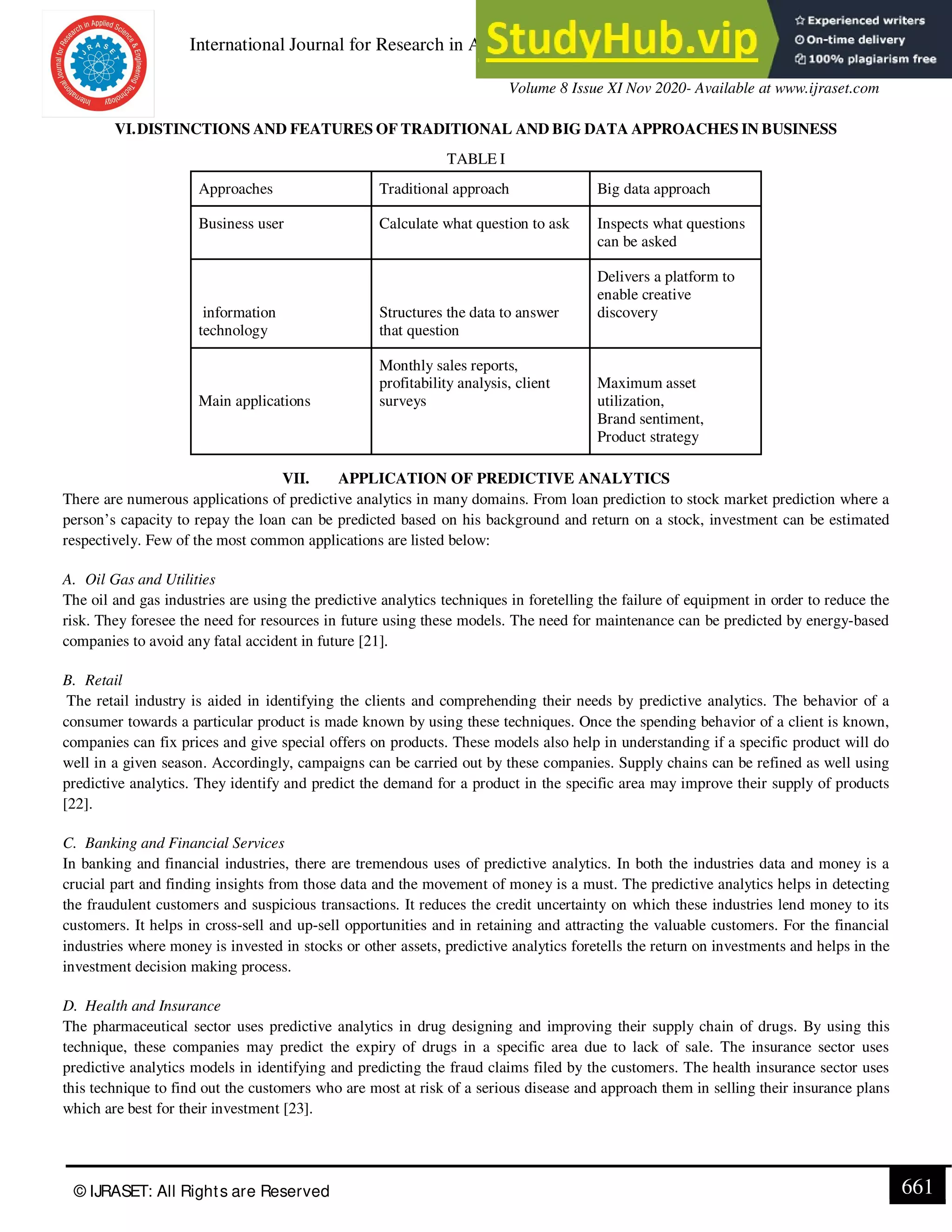 International Journal for Research in Applied Science & Engineering Technology (IJRASET)
ISSN: 2321-9653; IC Value: 45.98; SJ Impact Factor: 7.429
Volume 8 Issue XI Nov 2020- Available at www.ijraset.com
© IJRASET: All Rights are Reserved 661
VI.DISTINCTIONS AND FEATURES OF TRADITIONAL AND BIG DATA APPROACHES IN BUSINESS
TABLE I
Approaches Traditional approach Big data approach
Business user Calculate what question to ask Inspects what questions
can be asked
information
technology
Structures the data to answer
that question
Delivers a platform to
enable creative
discovery
Main applications
Monthly sales reports,
profitability analysis, client
surveys
Maximum asset
utilization,
Brand sentiment,
Product strategy
VII. APPLICATION OF PREDICTIVE ANALYTICS
There are numerous applications of predictive analytics in many domains. From loan prediction to stock market prediction where a
person’s capacity to repay the loan can be predicted based on his background and return on a stock, investment can be estimated
respectively. Few of the most common applications are listed below:
A. Oil Gas and Utilities
The oil and gas industries are using the predictive analytics techniques in foretelling the failure of equipment in order to reduce the
risk. They foresee the need for resources in future using these models. The need for maintenance can be predicted by energy-based
companies to avoid any fatal accident in future [21].
B. Retail
The retail industry is aided in identifying the clients and comprehending their needs by predictive analytics. The behavior of a
consumer towards a particular product is made known by using these techniques. Once the spending behavior of a client is known,
companies can fix prices and give special offers on products. These models also help in understanding if a specific product will do
well in a given season. Accordingly, campaigns can be carried out by these companies. Supply chains can be refined as well using
predictive analytics. They identify and predict the demand for a product in the specific area may improve their supply of products
[22].
C. Banking and Financial Services
In banking and financial industries, there are tremendous uses of predictive analytics. In both the industries data and money is a
crucial part and finding insights from those data and the movement of money is a must. The predictive analytics helps in detecting
the fraudulent customers and suspicious transactions. It reduces the credit uncertainty on which these industries lend money to its
customers. It helps in cross-sell and up-sell opportunities and in retaining and attracting the valuable customers. For the financial
industries where money is invested in stocks or other assets, predictive analytics foretells the return on investments and helps in the
investment decision making process.
D. Health and Insurance
The pharmaceutical sector uses predictive analytics in drug designing and improving their supply chain of drugs. By using this
technique, these companies may predict the expiry of drugs in a specific area due to lack of sale. The insurance sector uses
predictive analytics models in identifying and predicting the fraud claims filed by the customers. The health insurance sector uses
this technique to find out the customers who are most at risk of a serious disease and approach them in selling their insurance plans
which are best for their investment [23].
 