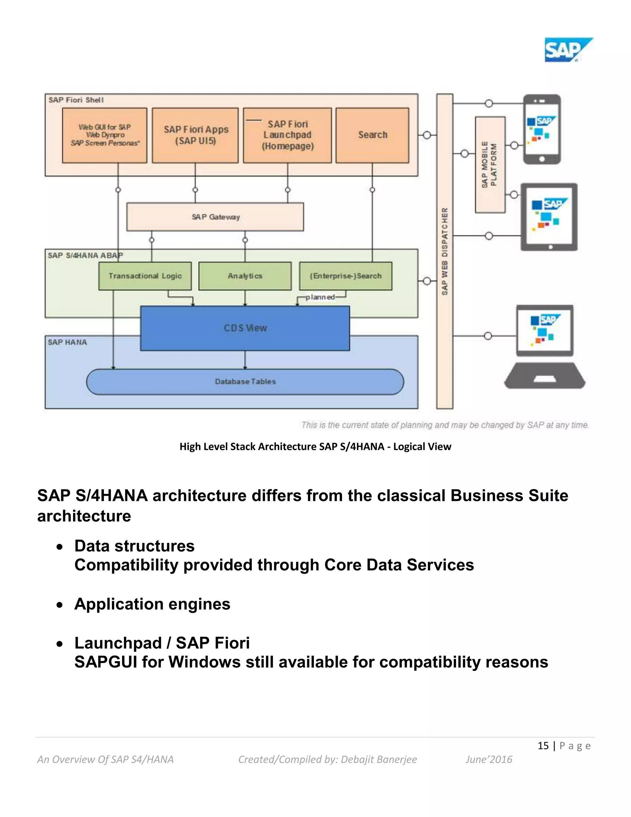 15 | P a g e
An Overview Of SAP S4/HANA Created/Compiled by: Debajit Banerjee June’2016
High Level Stack Architecture SAP S/4HANA - Logical View
SAP S/4HANA architecture differs from the classical Business Suite
architecture
 Data structures
Compatibility provided through Core Data Services
 Application engines
 Launchpad / SAP Fiori
SAPGUI for Windows still available for compatibility reasons
 