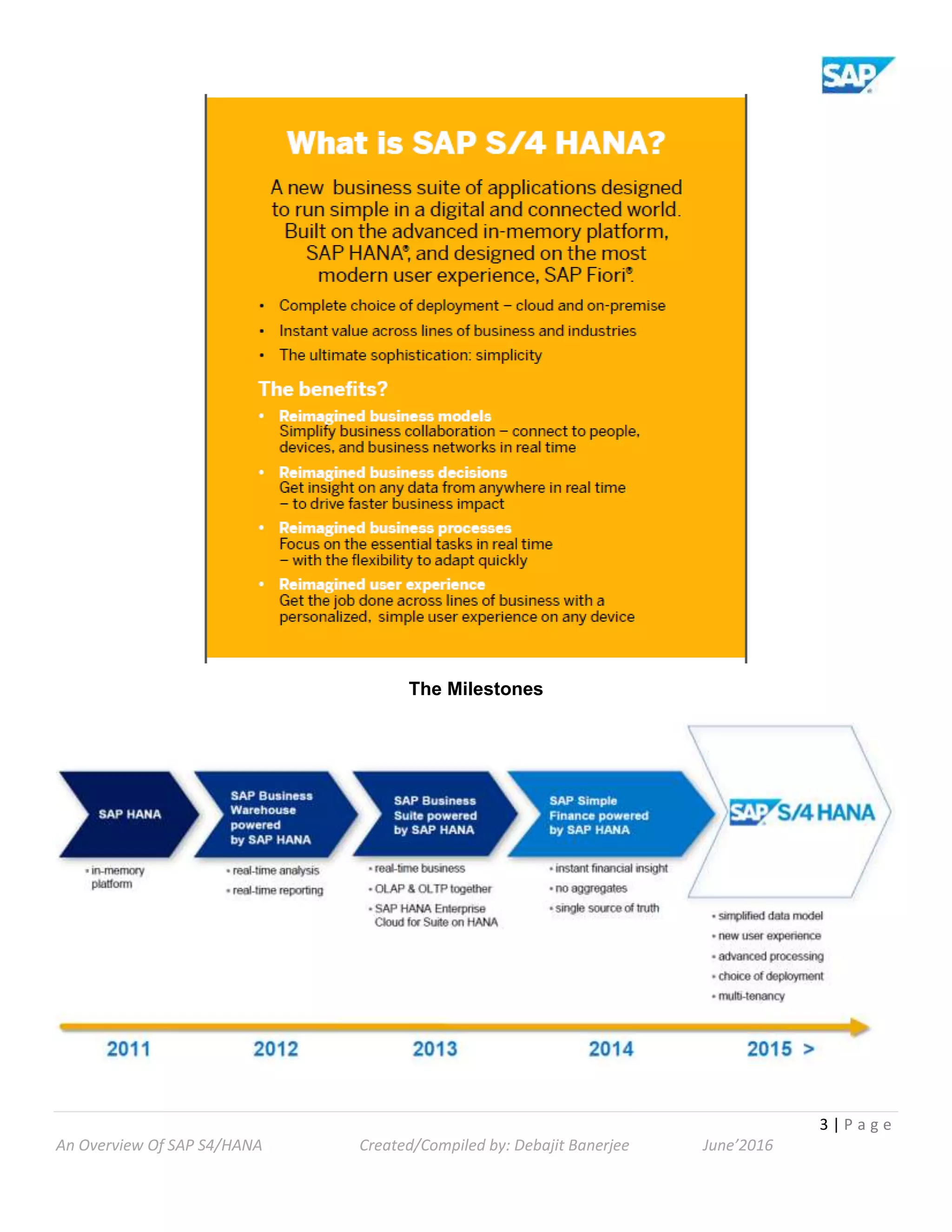 3 | P a g e
An Overview Of SAP S4/HANA Created/Compiled by: Debajit Banerjee June’2016
The Milestones
 