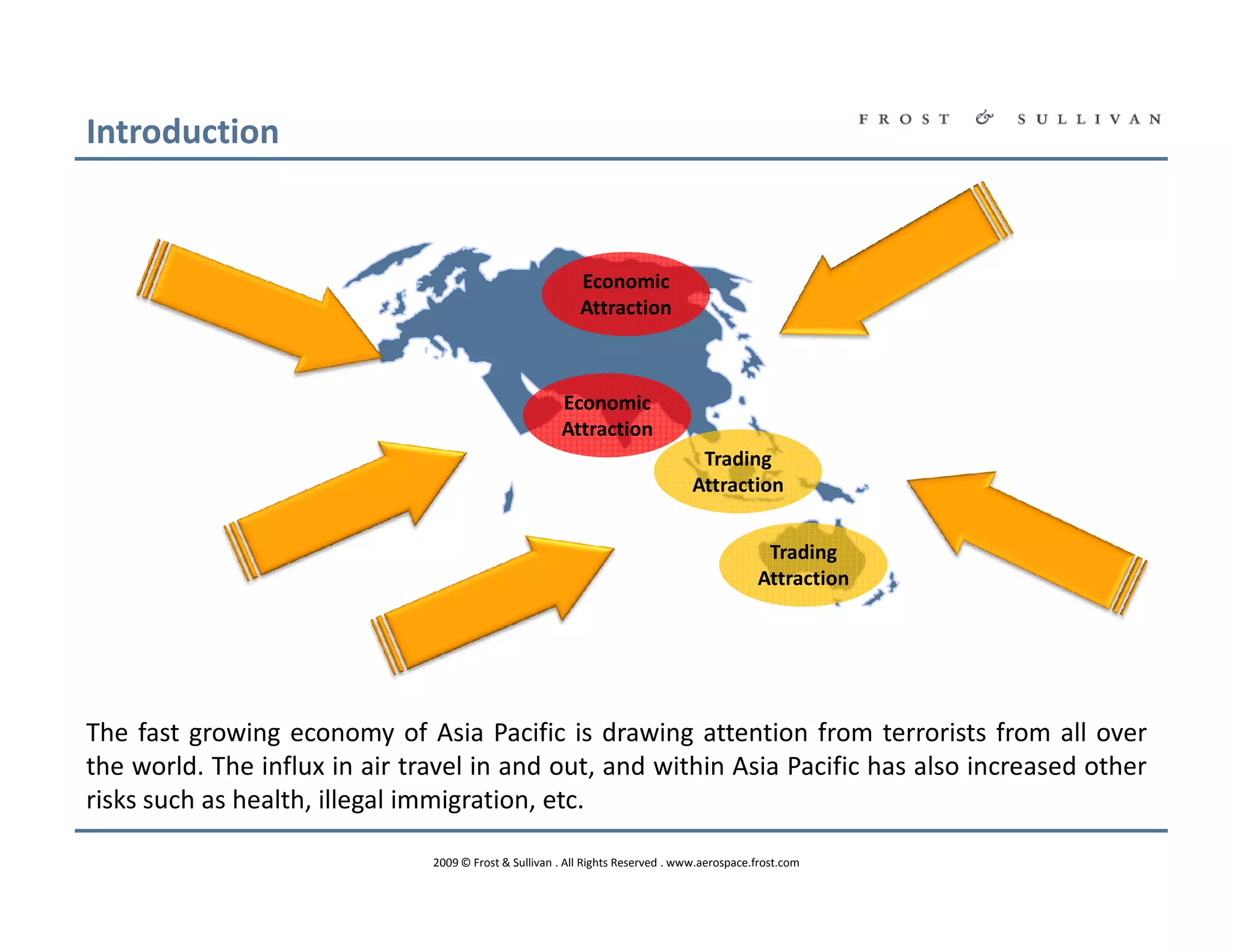 Introduction


                                                           Economic
                                                           Attraction



                                                       Economic
                                                       Attraction
                                                                                  Trading
                                                                                 Attraction


                                                                                              Trading
                                                                                             Attraction




The fast growing economy of Asia Pacific is drawing attention from terrorists from all over
the world. The influx in air travel in and out, and within Asia Pacific has also increased other
risks such as health, illegal immigration, etc.

                               2009 © Frost & Sullivan . All Rights Reserved . www.aerospace.frost.com
 