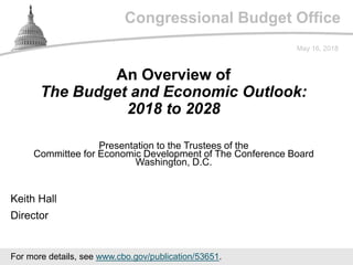 Congressional Budget Office
Presentation to the Trustees of the
Committee for Economic Development of The Conference Board
Washington, D.C.
May 16, 2018
Keith Hall
Director
An Overview of
The Budget and Economic Outlook:
2018 to 2028
For more details, see www.cbo.gov/publication/53651.
 