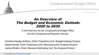 Congressional Budget Office
A Joint Seminar by the Congressional Budget Office
and the Congressional Research Service
February 6, 2020
Christina Hawley Anthony, Chief, Projections Unit, Budget Analysis Division
Robert Arnold, Chief, Projections Unit, Macroeconomic Analysis Division
Joshua Shakin, Chief, Revenue Estimating Unit, Tax Analysis Division
An Overview of
The Budget and Economic Outlook:
2020 to 2030
For more details, see www.cbo.gov/publication/56020.
 