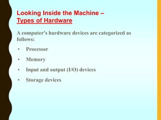 A computer's hardware devices are categorized as
follows:
• Processor
• Memory
• Input and output (I/O) devices
• Storage devices
Looking Inside the Machine –
Types of Hardware
 