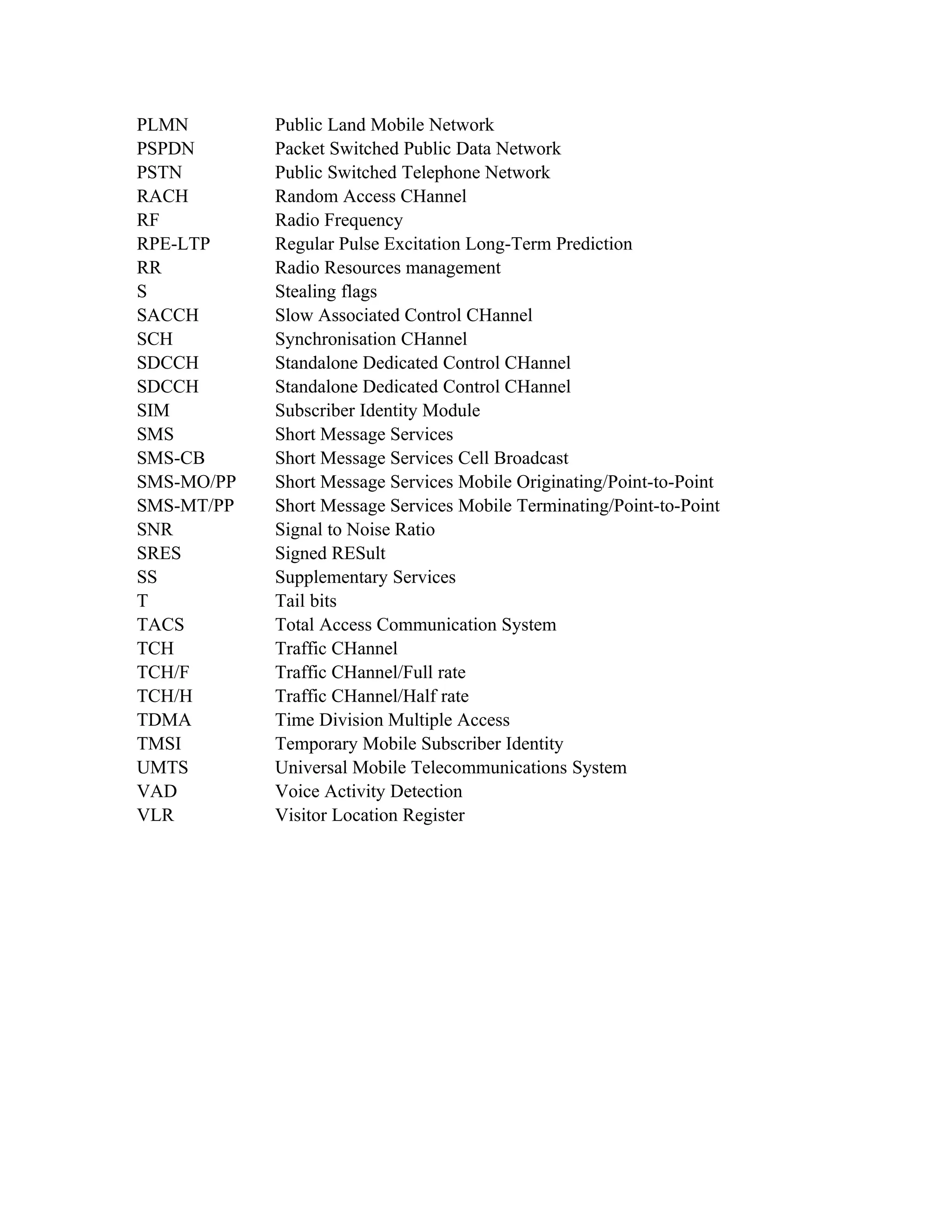 PLMN        Public Land Mobile Network
PSPDN       Packet Switched Public Data Network
PSTN        Public Switched Telephone Network
RACH        Random Access CHannel
RF          Radio Frequency
RPE-LTP     Regular Pulse Excitation Long-Term Prediction
RR          Radio Resources management
S           Stealing flags
SACCH       Slow Associated Control CHannel
SCH         Synchronisation CHannel
SDCCH       Standalone Dedicated Control CHannel
SDCCH       Standalone Dedicated Control CHannel
SIM         Subscriber Identity Module
SMS         Short Message Services
SMS-CB      Short Message Services Cell Broadcast
SMS-MO/PP   Short Message Services Mobile Originating/Point-to-Point
SMS-MT/PP   Short Message Services Mobile Terminating/Point-to-Point
SNR         Signal to Noise Ratio
SRES        Signed RESult
SS          Supplementary Services
T           Tail bits
TACS        Total Access Communication System
TCH         Traffic CHannel
TCH/F       Traffic CHannel/Full rate
TCH/H       Traffic CHannel/Half rate
TDMA        Time Division Multiple Access
TMSI        Temporary Mobile Subscriber Identity
UMTS        Universal Mobile Telecommunications System
VAD         Voice Activity Detection
VLR         Visitor Location Register
 