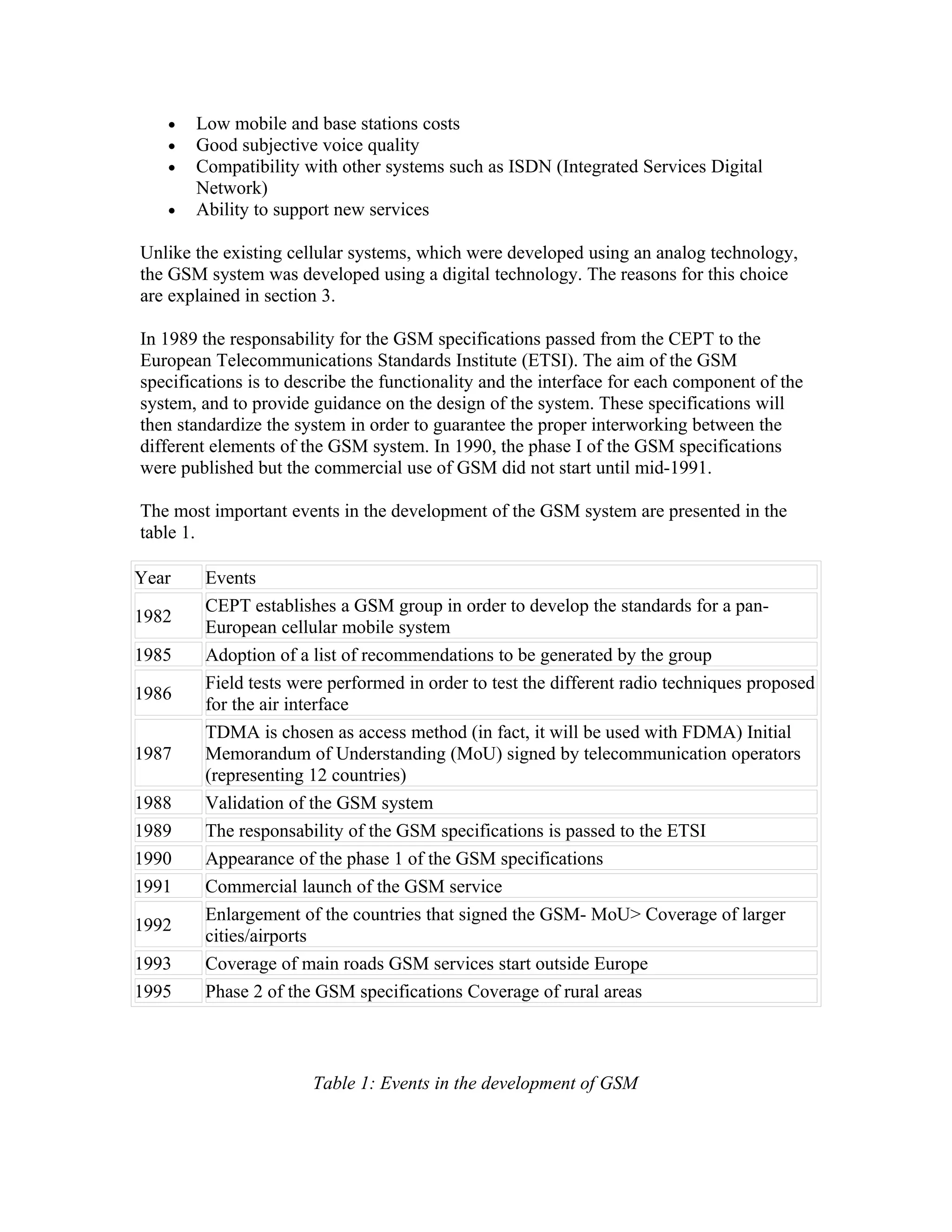 •   Low mobile and base stations costs
   •   Good subjective voice quality
   •   Compatibility with other systems such as ISDN (Integrated Services Digital
       Network)
   •   Ability to support new services

Unlike the existing cellular systems, which were developed using an analog technology,
the GSM system was developed using a digital technology. The reasons for this choice
are explained in section 3.

In 1989 the responsability for the GSM specifications passed from the CEPT to the
European Telecommunications Standards Institute (ETSI). The aim of the GSM
specifications is to describe the functionality and the interface for each component of the
system, and to provide guidance on the design of the system. These specifications will
then standardize the system in order to guarantee the proper interworking between the
different elements of the GSM system. In 1990, the phase I of the GSM specifications
were published but the commercial use of GSM did not start until mid-1991.

The most important events in the development of the GSM system are presented in the
table 1.

Year    Events
        CEPT establishes a GSM group in order to develop the standards for a pan-
1982
        European cellular mobile system
1985    Adoption of a list of recommendations to be generated by the group
        Field tests were performed in order to test the different radio techniques proposed
1986
        for the air interface
        TDMA is chosen as access method (in fact, it will be used with FDMA) Initial
1987    Memorandum of Understanding (MoU) signed by telecommunication operators
        (representing 12 countries)
1988    Validation of the GSM system
1989    The responsability of the GSM specifications is passed to the ETSI
1990    Appearance of the phase 1 of the GSM specifications
1991    Commercial launch of the GSM service
        Enlargement of the countries that signed the GSM- MoU> Coverage of larger
1992
        cities/airports
1993    Coverage of main roads GSM services start outside Europe
1995    Phase 2 of the GSM specifications Coverage of rural areas



                       Table 1: Events in the development of GSM
 