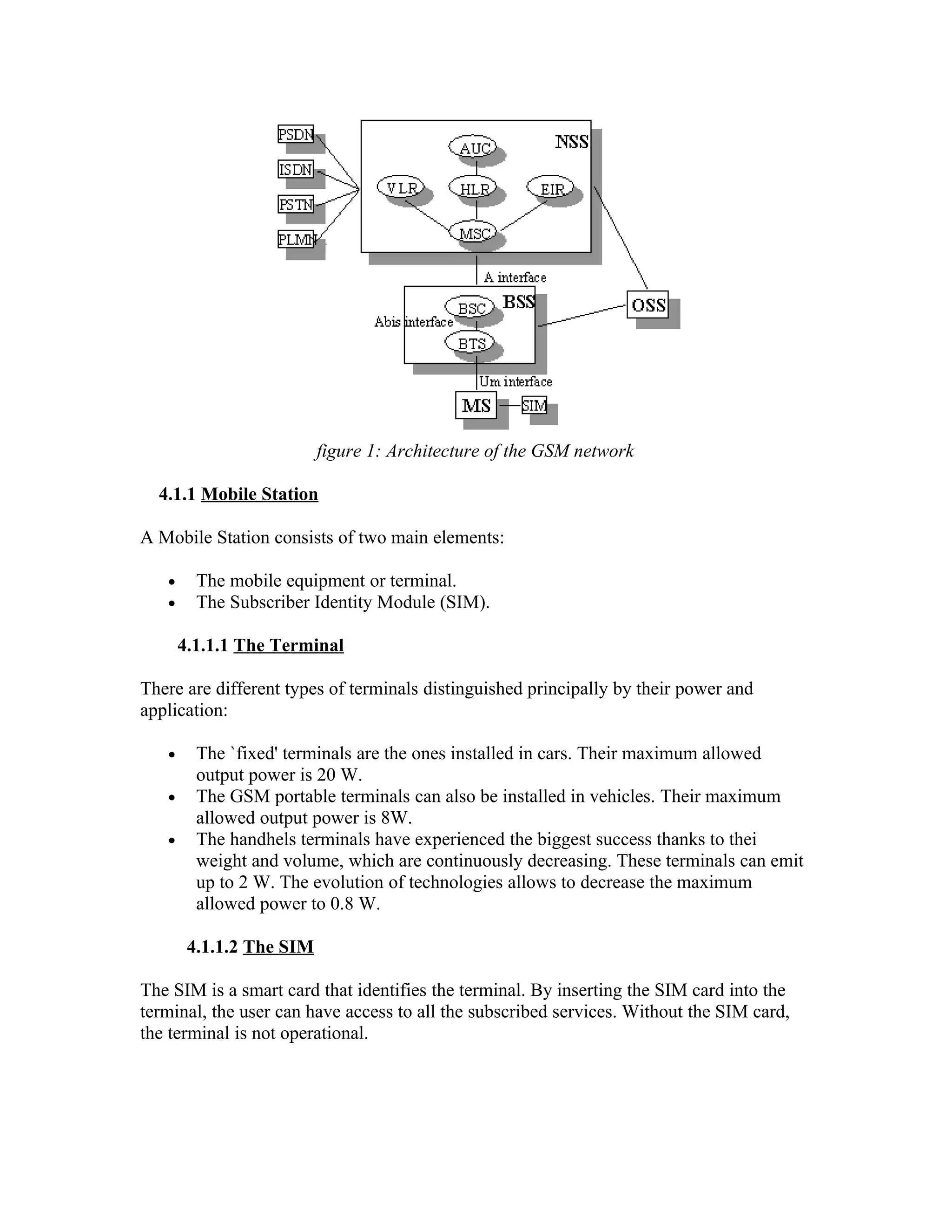 figure 1: Architecture of the GSM network

  4.1.1 Mobile Station

A Mobile Station consists of two main elements:

   •     The mobile equipment or terminal.
   •     The Subscriber Identity Module (SIM).

       4.1.1.1 The Terminal

There are different types of terminals distinguished principally by their power and
application:

   •     The `fixed' terminals are the ones installed in cars. Their maximum allowed
         output power is 20 W.
   •     The GSM portable terminals can also be installed in vehicles. Their maximum
         allowed output power is 8W.
   •     The handhels terminals have experienced the biggest success thanks to thei
         weight and volume, which are continuously decreasing. These terminals can emit
         up to 2 W. The evolution of technologies allows to decrease the maximum
         allowed power to 0.8 W.

        4.1.1.2 The SIM

The SIM is a smart card that identifies the terminal. By inserting the SIM card into the
terminal, the user can have access to all the subscribed services. Without the SIM card,
the terminal is not operational.
 