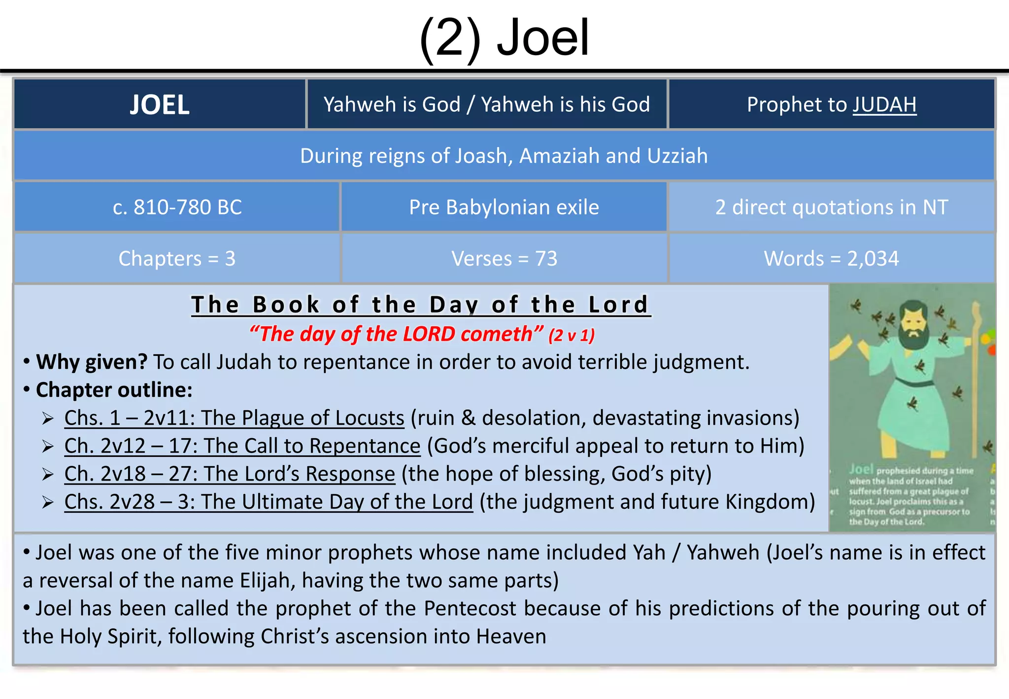 (2) Joel
JOEL Yahweh is God / Yahweh is his God
c. 810-780 BC
Prophet to JUDAH
Pre Babylonian exile
During reigns of Joash, Amaziah and Uzziah
Chapters = 3 Words = 2,034Verses = 73
T h e B o o k o f th e Day o f th e L o rd
“The day of the LORD cometh” (2 v 1)
• Why given? To call Judah to repentance in order to avoid terrible judgment.
• Chapter outline:
 Chs. 1 – 2v11: The Plague of Locusts (ruin & desolation, devastating invasions)
 Ch. 2v12 – 17: The Call to Repentance (God’s merciful appeal to return to Him)
 Ch. 2v18 – 27: The Lord’s Response (the hope of blessing, God’s pity)
 Chs. 2v28 – 3: The Ultimate Day of the Lord (the judgment and future Kingdom)
2 direct quotations in NT
• Joel was one of the five minor prophets whose name included Yah / Yahweh (Joel’s name is in effect
a reversal of the name Elijah, having the two same parts)
• Joel has been called the prophet of the Pentecost because of his predictions of the pouring out of
the Holy Spirit, following Christ’s ascension into Heaven
 