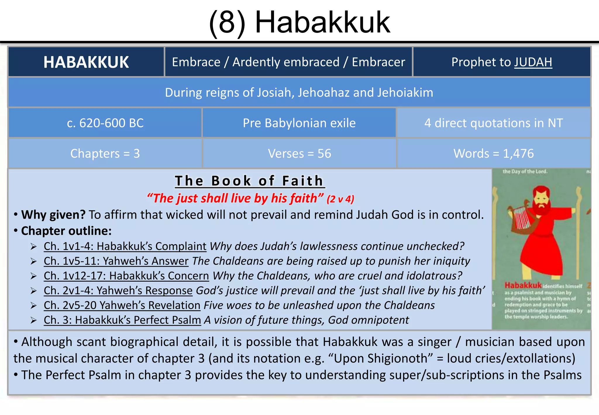 (8) Habakkuk
HABAKKUK Embrace / Ardently embraced / Embracer
c. 620-600 BC
Prophet to JUDAH
Pre Babylonian exile
During reigns of Josiah, Jehoahaz and Jehoiakim
Chapters = 3 Words = 1,476Verses = 56
T h e B ook of Faith
“The just shall live by his faith” (2 v 4)
• Why given? To affirm that wicked will not prevail and remind Judah God is in control.
• Chapter outline:
 Ch. 1v1-4: Habakkuk’s Complaint Why does Judah’s lawlessness continue unchecked?
 Ch. 1v5-11: Yahweh’s Answer The Chaldeans are being raised up to punish her iniquity
 Ch. 1v12-17: Habakkuk’s Concern Why the Chaldeans, who are cruel and idolatrous?
 Ch. 2v1-4: Yahweh’s Response God’s justice will prevail and the ‘just shall live by his faith’
 Ch. 2v5-20 Yahweh’s Revelation Five woes to be unleashed upon the Chaldeans
 Ch. 3: Habakkuk’s Perfect Psalm A vision of future things, God omnipotent
4 direct quotations in NT
• Although scant biographical detail, it is possible that Habakkuk was a singer / musician based upon
the musical character of chapter 3 (and its notation e.g. “Upon Shigionoth” = loud cries/extollations)
• The Perfect Psalm in chapter 3 provides the key to understanding super/sub-scriptions in the Psalms
 