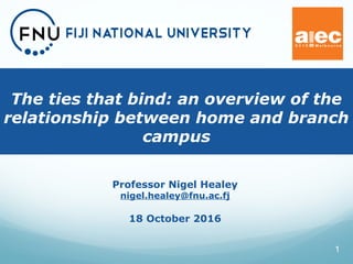 The ties that bind: an overview of the
relationship between home and branch
campus
1
Professor Nigel Healey
nigel.healey@fnu.ac.fj
18 October 2016
 