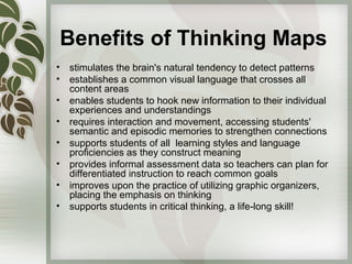 Benefits of Thinking Maps
•   stimulates the brain's natural tendency to detect patterns
•   establishes a common visual language that crosses all
    content areas
•   enables students to hook new information to their individual
    experiences and understandings
•   requires interaction and movement, accessing students'
    semantic and episodic memories to strengthen connections
•   supports students of all learning styles and language
    proficiencies as they construct meaning
•   provides informal assessment data so teachers can plan for
    differentiated instruction to reach common goals
•   improves upon the practice of utilizing graphic organizers,
    placing the emphasis on thinking
•   supports students in critical thinking, a life-long skill!
 