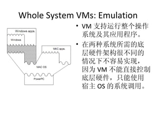 Whole System VMs: Emulation VM 支持运行整个操作系统及其应用程序。 在两种系统所需的底层硬件架构很不同的情况下不容易实现，因为 VM 不能直接控制底层硬件，只能使用宿主 OS 的系统调用。 