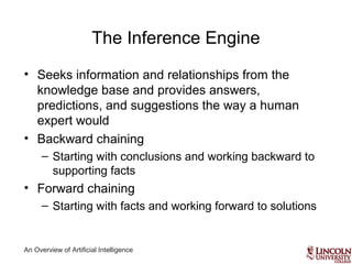 An Overview of Artificial Intelligence
The Inference Engine
• Seeks information and relationships from the
knowledge base and provides answers,
predictions, and suggestions the way a human
expert would
• Backward chaining
– Starting with conclusions and working backward to
supporting facts
• Forward chaining
– Starting with facts and working forward to solutions
 