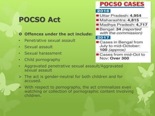 POCSO Act
 Offences under the act include:
• Penetrative sexual assault
• Sexual assault
• Sexual harassment
• Child pornography
• Aggravated penetrative sexual assault/Aggravated
sexual assault
 The act is gender-neutral for both children and for
accused.
 With respect to pornography, the act criminalizes even
watching or collection of pornographic content involving
children.
 