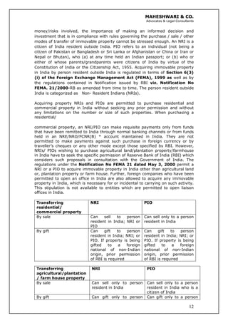 MAHESHWARI & CO.
Advocates & Legal Consultants
money/risks involved, the importance of making an informed decision and
investment that is in compliance with rules governing the purchase / sale / other
modes of transfer of immovable property cannot be stressed enough. An NRI is a
citizen of India resident outside India. PIO refers to an individual (not being a
citizen of Pakistan or Bangladesh or Sri Lanka or Afghanistan or China or Iran or
Nepal or Bhutan), who (a) at any time held an Indian passport; or (b) who or
either of whose parents/grandparents were citizens of India by virtue of the
Constitution of India or the Citizenship Act, 1955. Acquiring immovable property
in India by person resident outside India is regulated in terms of Section 6(3)
(i) of the Foreign Exchange Management Act (FEMA), 1999 as well as by
the regulations contained in Notification issued by RBI viz. Notification No
FEMA. 21/2000-RB as amended from time to time. The person resident outside
India is categorized as Non- Resident Indians (NRIs).
Acquiring property NRIs and PIOs are permitted to purchase residential and
commercial property in India without seeking any prior permission and without
any limitations on the number or size of such properties. When purchasing a
residential/
commercial property, an NRI/PIO can make requisite payments only from funds
that have been remitted to India through normal banking channels or from funds
held in an NRE/NRO/FCNR(B) * account maintained in India. They are not
permitted to make payments against such purchase in foreign currency or by
traveller’s cheques or any other mode except those specified by RBI. However,
NRIs/ PIOs wishing to purchase agricultural land/plantation property/farmhouse
in India have to seek the specific permission of Reserve Bank of India (RBI) which
considers such proposals in consultation with the Government of India. The
regulations under the Notification No FEMA 21 dated May 3, 2000 permit a
NRI or a PIO to acquire immovable property in India other than agricultural land
or, plantation property or farm house. Further, foreign companies who have been
permitted to open an office in India are also allowed to acquire any immovable
property in India, which is necessary for or incidental to carrying on such activity.
This stipulation is not available to entities which are permitted to open liaison
offices in India.
Transferring
residential/
commercial property
NRI PIO
By sale Can sell to person
resident in India; NRI or
PIO
Can sell only to a person
resident in India
By gift Can gift to person
resident in India; NRI; or
PIO. If property is being
gifted to a foreign
national of non-Indian
origin, prior permission
of RBI is required
Can gift to person
resident in India; NRI; or
PIO. If property is being
gifted to a foreign
national of non-Indian
origin, prior permission
of RBI is required
12
Transferring
agricultural/plantation
/ farm house property
NRI PIO
By sale Can sell only to person
resident in India
Can sell only to a person
resident in India who is a
citizen of India
By gift Can gift only to person Can gift only to a person
 