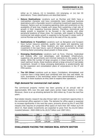 MAHESHWARI & CO.
Advocates & Legal Consultants
either as (i) mature, (ii) in transition, (iii) emerging, or (iv) tier III
destinations. These classifications are described below:
• Mature Destinations: Locations such as Mumbai and Delhi have a
metropolitan character and have consistently been traditional business
destinations with a favorable record in attracting investment opportunities.
However, factors such as increasing operating costs and constraints on the
availability of land may impede such areas from sustaining a high rate of
growth in their respective business districts. Therefore, commercial real
estate growth is expected to be focused in the suburbs and other
peripheral locations of these cities. For example, with respect to Mumbai,
commercial real estate growth is expected to be focused in areas north of
central Mumbai and Navi Mumbai and to the east of the city center.
• Destinations in Transition: Locations such as Bangalore and Gurgaon
have human resource potential, quality real estate and operating cost
advantages. As such, these locations are best positioned to attract
investment in the near future. Lack of infrastructure is currently the main
inhibiting factor precluding robust growth in these areas.
• Emerging Destinations: Locations such as Pune, Chennai, Hyderabad
and Kolkata offer cost advantages, well developed infrastructure,
supportive city governments and minimal restraints on the supply of real
estate. While the number of large occupiers in these locations has yet to
reach optimum levels, these locations attract a large amount of real estate
investment. Growth in these emerging destinations is predominantly led
by the expansion and consolidation plans of corporations in the IT and
ITES sectors.
• Tier III Cities: Locations such as Jaipur, Coimbatore, Ahmedabad, and
Lucknow have a large talent pool combined with low cost real estate. As
such, businesses in the technology sector have demonstrated a growing
interest in these locations as they seek to expand their operations.
High demand for commercial real estate
The commercial property market has been growing at an annual rate of
approximately 30% over the past eight years across major locations in India.
Moreover, there is an up shooting demand for 200 million sq. ft over the next five
years.
Real estate industry research has also thrown light on investment opportunities in
the commercial office segment in India. The demand for office space is expected
to increase significantly in the next few years, primarily driven by the IT and ITES
industry that requires an projected office space of more than 367 million sq ft till
2012-13. Real estate investments are expected to grow from Rs.10,218 billion
invested between 2002-2006 to Rs.18,517 billion over 2007-2011.
7
CHALLENGES FACING THE INDIAN REAL ESTATE SECTOR
 