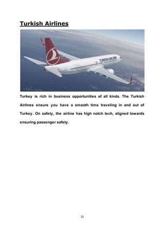 15
Turkish Airlines
Turkey is rich in business opportunities of all kinds. The Turkish
Airlines ensure you have a smooth time traveling in and out of
Turkey. On safety, the airline has high notch tech, aligned towards
ensuring passenger safety.
 