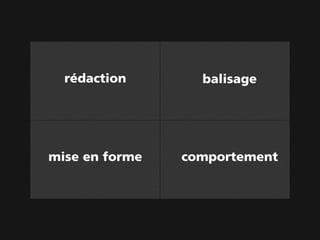 rédaction       balisage




mise en forme   comportement
 