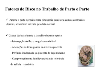  Durante o parto normal ocorre hipoxemia transitória com as contrações
uterinas, sendo bem tolerada pelo feto normal
 Causas básicas durante o trabalho de parto e parto
- Interrupção do fluxo sanguíneo umbilical
- Alterações da troca gasosa ao nível da placenta
- Perfusão inadequada da placenta do lado materno
- Comprometimento fetal levando à não tolerância
da asfixia transitória
Fatores de Risco no Trabalho de Parto e Parto
 