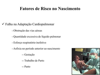  Falha na Adaptação Cardiopulmonar
- Obstrução das vias aéreas
- Quantidade excessiva de líquido pulmonar
- Esforço respiratório inefetivo
- Asfixia no período anterior ao nascimento
-- Gestação
-- Trabalho de Parto
-- Parto
Fatores de Risco no Nascimento
 