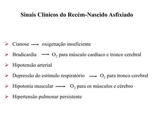  Cianose oxigenação insuficiente
 Bradicardia O2 para músculo cardíaco e tronco cerebral
 Hipotensão arterial
 Depressão do estímulo respiratório O2 para tronco cerebral
 Hipotonia muscular O2 para os músculos e cérebro
 Hipertensão pulmonar persistente
Sinais Clínicos do Recém-Nascido Asfixiado
 