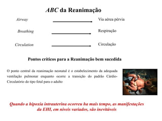 ABC da Reanimação
Airway
Breathing
Circulation
Via aérea pérvia
Respiração
Circulação
Pontos críticos para a Reanimação bem sucedida
O ponto central da reanimação neonatal é o estabelecimento da adequada
ventilação pulmonar enquanto ocorre a transição do padrão Cárdio-
Circulatório do tipo fetal para o adulto
Quando a hipoxia intrauterina ocorreu ha mais tempo, as manifestações
da EHI, em niveis variados, são inevitáveis
 