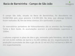 O campo São João, situado na Bacia de Barreirinhas, foi descoberto em
01/08/1966 pelo poço pioneiro 1-SJ-001-MA. Na área, que abrange 8,5km2,
foram realizados 38,7km de linhas sísmicas 2D e perfurados 11 poços.
Os reservatórios portadores de hidrocarbonetos são os arenitos das formações
Tutóia e Bom Gosto. As acumulações ocorrem a profundidades superiores a
1500m.
s volumes originais in place de óleo e gás, estimados pela Petrobras, são de 562
mil m3 (3,535 milhões de barris) e 51,549 milhões de m3, respectivamente. As
produções acumuladas de óleo e gás são de 12 mil m3 (75,5 mil barris) e 894 mil
m3, respectivamente.
Bacia de Barreirinha - Campo de São João
 