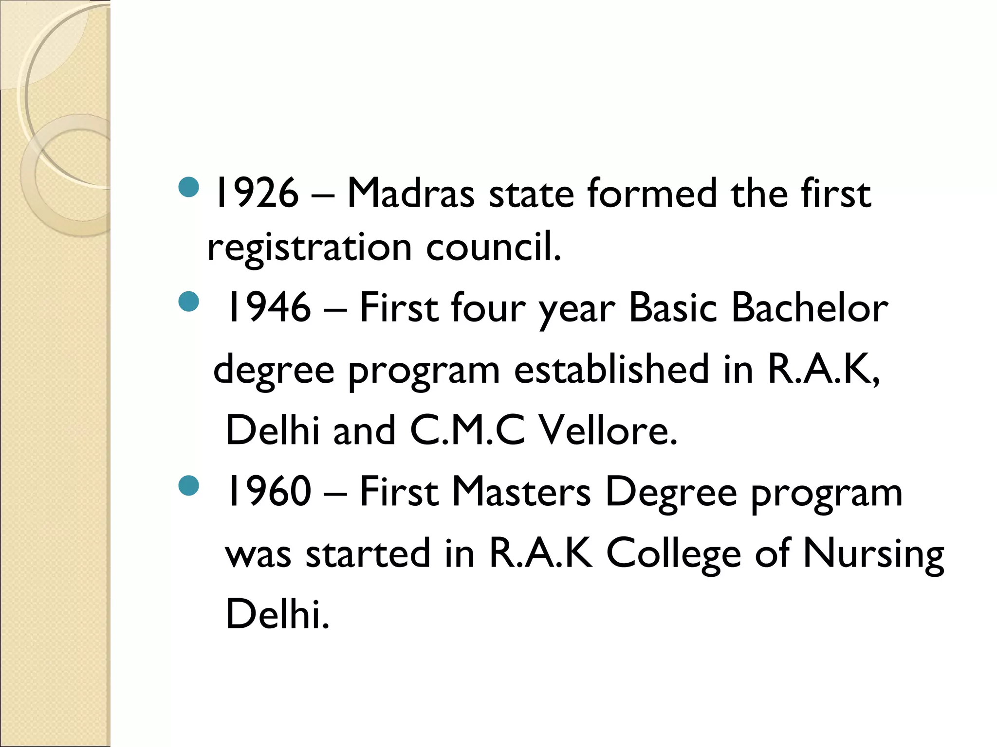 1926  – Madras state formed the first
 registration council.
 1946 – First four year Basic Bachelor
 degree program established in R.A.K,
  Delhi and C.M.C Vellore.
 1960 – First Masters Degree program
  was started in R.A.K College of Nursing
  Delhi.
 