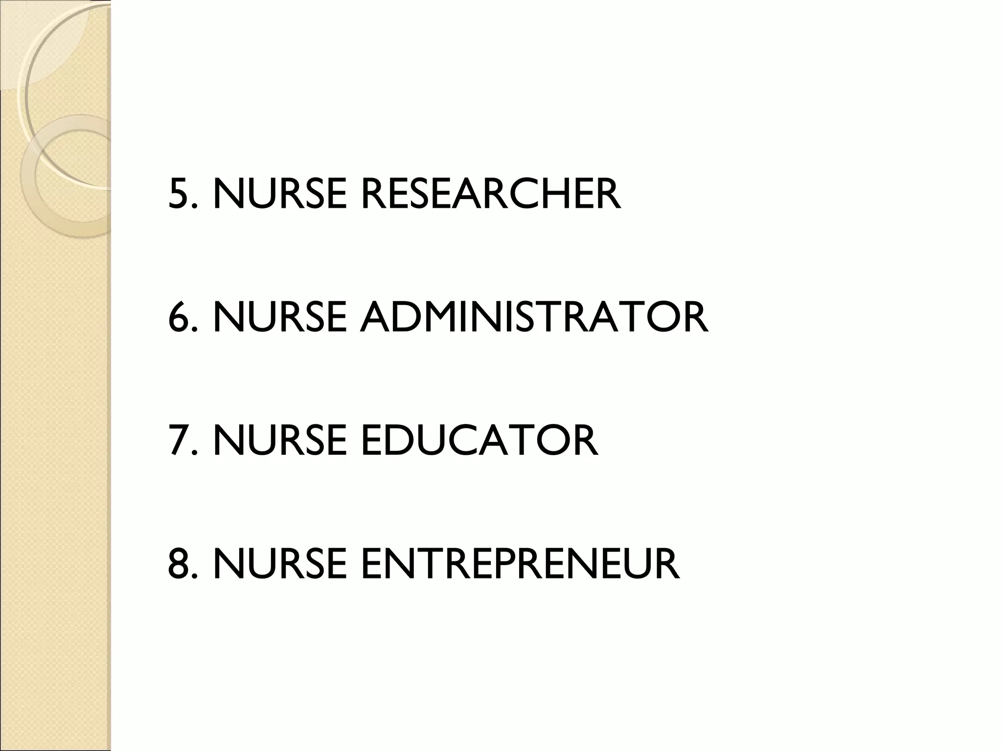 5. NURSE RESEARCHER

6. NURSE ADMINISTRATOR

7. NURSE EDUCATOR

8. NURSE ENTREPRENEUR
 
