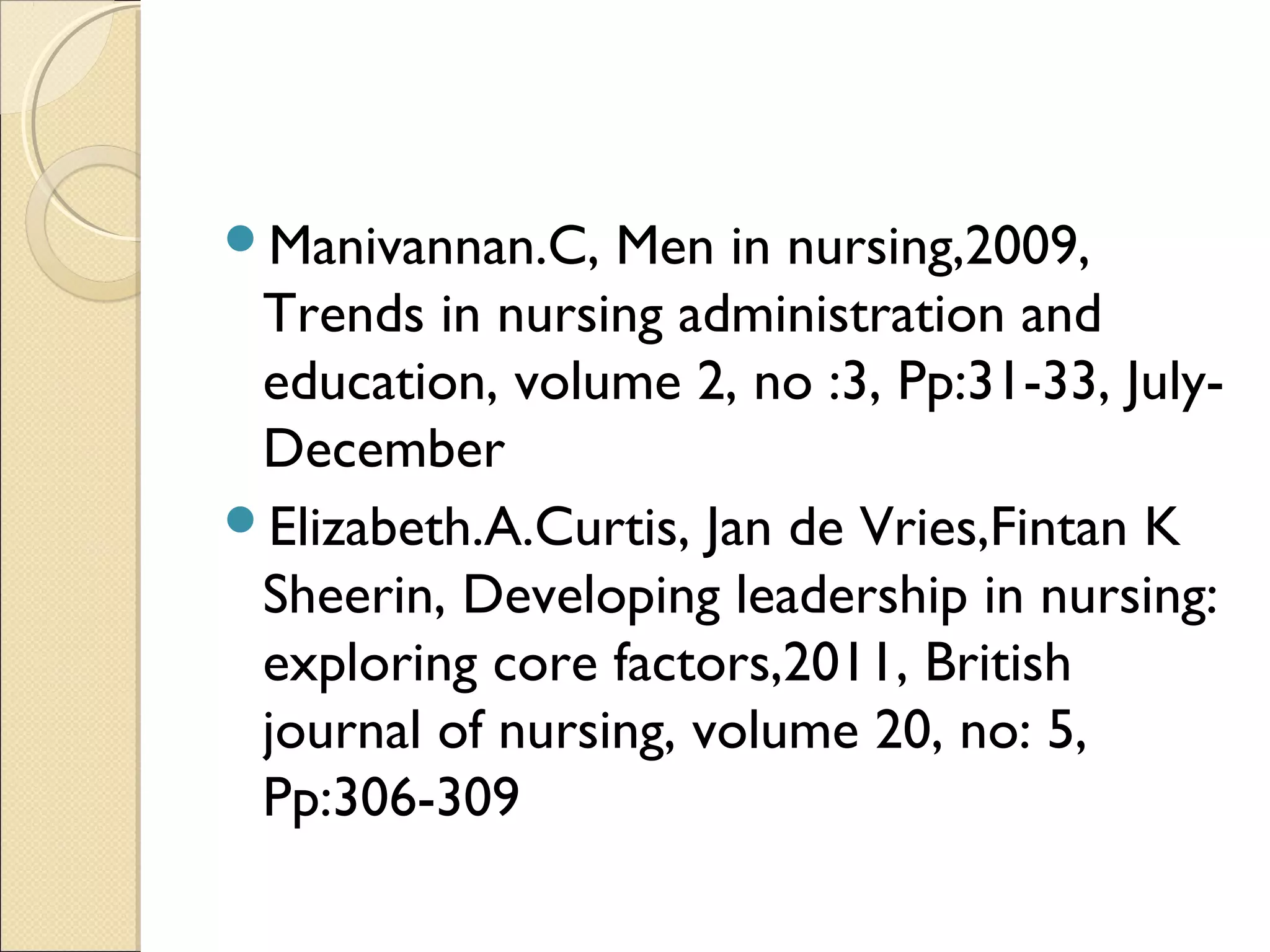 Manivannan.C,   Men in nursing,2009,
 Trends in nursing administration and
 education, volume 2, no :3, Pp:31-33, July-
 December
Elizabeth.A.Curtis, Jan de Vries,Fintan K
 Sheerin, Developing leadership in nursing:
 exploring core factors,2011, British
 journal of nursing, volume 20, no: 5,
 Pp:306-309
 