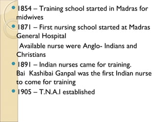 1854  – Training school started in Madras for
 midwives
1871 – First nursing school started at Madras
 General Hospital
  Available nurse were Anglo- Indians and
 Christians
1891 – Indian nurses came for training.
 Bai Kashibai Ganpal was the first Indian nurse
 to come for training
1905 – T.N.A.I established
 