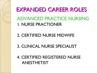 EXPANDED CAREER ROLES
ADVANCED PRACTICE NURSING
1. NURSE PRACTIONER

2. CERTIFIED NURSE MIDWIFE

3. CLINICAL NURSE SPECIALIST

4. CERTIFIED REGISTERED NURSE
   ANESTHETIST
 