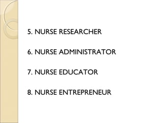 5. NURSE RESEARCHER

6. NURSE ADMINISTRATOR

7. NURSE EDUCATOR

8. NURSE ENTREPRENEUR
 