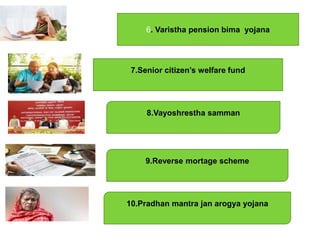 6. Varistha pension bima yojana
7.Senior citizen’s welfare fund
8.Vayoshrestha samman
9.Reverse mortage scheme
10.Pradhan mantra jan arogya yojana
 