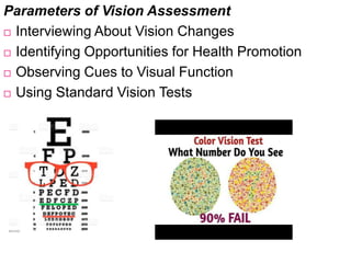 Parameters of Vision Assessment
 Interviewing About Vision Changes
 Identifying Opportunities for Health Promotion
 Observing Cues to Visual Function
 Using Standard Vision Tests
 