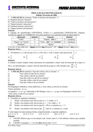 PROVA DE RACIOCÍNIO LÓGICO
Edição: Fevereiro de 2003
1. A NEGAÇÃO da sentença “Todos os homens são honestos”. é
a) “Nenhum homem é honesto”.
b) “Todos os homens são desonestos”.
c) “Algum homem é desonesto”.
d) “Nenhum homem é desonesto”.
e) “Alguns homens são honestos”.
Solução:
A negação do quantificador UNIVERSAL (Todo) é o quantificador EXISTENCIAL (Algum),
seguido da negação do ATRIBUTO. Em outras palavras (ver a primeira linha da tabela abaixo):
Afirmação Símbolo Negação Símbolo
“Todo” ∀ “Algum... não é...” ∃ + ~(atributo)
“Algum” ou “Existe” ∃ “Todo... não”, ou “nenhum” ∀ + ~(atributo)
“Nenhum”  “Algum” 
Com isto, a frase dada fica: “Algum homem não é honesto”, OU “Algum homem é desonesto”.
Resposta: letra c.
2. Os números x e y são tais que 10 ≤ x ≤ 30 e 40 ≤ y ≤ 60. o maior valor possível de y
x
é
a)
2
1
b)
3
2
c)
4
1
d)
4
3
e)
6
1
Solução:
A solução é muito simples: basta colocarmos no numerador o maior valor do intervalo de x (que é o
30), e, no denominador, o menor valor do intervalo de y (que é o 40), ficando com:
4
3
40
30
=
Resposta: letra d.
3. A NEGAÇÃO da sentença “Ana não voltou e foi ao cinema”. é
a) “Ana voltou ou não foi ao cinema”.
b) “Ana voltou e não foi ao cinema”.
c) “Ana não voltou ou não foi ao cinema”.
d) “Ana não voltou e não foi ao cinema”.
e) “Ana não voltou e foi ao cinema”.
Solução:
Em linguagem simbólica, a frase dada fica: p: Ana voltou; q:Ana foi ao cinema.
Temos, portanto: ~p ∧ q.
A negação é: ~(~p ∧ q). Aplicando-se De Morgan, vem: p ∨ ~q, que, em linguagem corrente fica:
“Ana voltou ou não foi ao cinema”.
Resposta: letra a.
4. Considere as seguintes sentenças:
I. Sendo x um número real, tem-se que se x > 2, então x ≥ 3.
II. Sendo x um número real, tem-se que se 162
=x , então x = 4.
III. Sendo x um número real, tem-se que 8x > 40 se, e somente se, x > 5.
IV. Sendo x um número real, tem-se que
2
x
é par se, e somente se, x é par.
O valor lógico de cada sentença forma, respectivamente, a seguinte seqüência:
a) V, V, V, V b) V, V, V, F c) V, V, F, V d) F, V, V, V e) F, F, V, F
Solução:
I. FALSO! Observe que x é um número real. Assim, entre 2 e 3 há infinitos valores que x poderá
assumir.
II. FALSO! A equação 162
=x tem duas raízes reais: -4 e 4.
Prof. Milton Araújo e-mail: preanpad@terra.com.br10
 