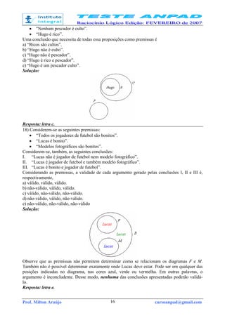 Prof. Milton Araújo cursoanpad@gmail.com16
• "Nenhum pescador é culto”.
• “Hugo é rico”.
Uma conclusão que necessita de todas essa proposições como premissas é
a) “Ricos são cultos”.
b) “Hugo não é culto”.
c) “Hugo não é pescador”.
d) “Hugo é rico e pescador”.
e) “Hugo é um pescador culto”.
Solução:
Resposta: letra c.
18) Considerem-se as seguintes premissas:
• “Todos os jogadores de futebol são bonitos”.
• “Lucas é bonito”.
• “Modelos fotográficos são bonitos”.
Considerem-se, também, as seguintes conclusões:
I. “Lucas não é jogador de futebol nem modelo fotográfico”.
II. “Lucas é jogador de futebol e também modelo fotográfico”.
III. “Lucas é bonito e jogador de futebol”.
Considerando as premissas, a validade de cada argumento gerado pelas conclusões I, II e III é,
respectivamente,
a) válido, válido, válido.
b) não-válido, válido, válido.
c) válido, não-válido, não-válido.
d) não-válido, válido, não-válido.
e) não-válido, não-válido, não-válido
Solução:
Observe que as premissas não permitem determinar como se relacionam os diagramas F e M.
Também não é possível determinar exatamente onde Lucas deve estar. Pode ser em qualquer das
posições indicadas no diagrama, nas cores azul, verde ou vermelha. Em outras palavras, o
argumento é inconcludente. Desse modo, nenhuma das conclusões apresentadas poderão validá-
lo.
Resposta: letra e.
 