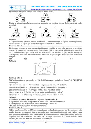 Prof. Milton Araújo cursoanpad@gmail.com26
1) Considere a seguinte seqüência da esquerda para a direita:
Dentre as alternativas abaixo, o próximo elemento que obedece à regra de formação até então
seguida é
a) b) c) d) e)
Solução:
As figuras internas giram no sentido anti-horário. Ao mesmo tempo, as figuras externas giram no
sentido horário. A figura que completa a seqüência é idêntica à primeira.
Resposta: letra d.
2) Algumas pessoas de uma mesma família estão reunidas e entre elas existem as seguintes
relações de parentesco: pai, mãe, filho, filha, irmão, irmã, primo, prima, sobrinho, sobrinha, tio e
tia. Considerando-se que todos têm um antepassado em comum e que não há casamento
consangüíneo entre eles, o número mínimo necessário de pessoas para a ocorrência de todas essas
relações é
a) 4 b) 5 c) 6 d) 7 e) 8
Solução:
Resposta: letra a.
3) Considerando-se a proposição :p “Se Rui é bom poeta, então Jorge é atleta”, é CORRETO
afirmar que
a) a contrapositiva de p é “Se Rui não é bom poeta, então Jorge não é atleta”.
b) a contrapositiva de p é “Se Jorge não é atleta, então Rui não é bom poeta”.
c) a contrapositiva de p é “Se Jorge é atleta”, então Rui é bom poeta”.
d) a recíproca de p é “Se Rui não é bom poeta, então Jorge não é atleta”.
e) a recíproca de p é “Se Jorge não é atleta, então Rui não é bom poeta”.
Solução:
A expressão “é correto afirmar que” significa “é equivalente a”.
A equivalente natural de uma proposição condicional é a sua contrapositiva.
A contrapositiva de “Se Rui é bom poeta então Jorge é atleta” é:
“Se Jorge não é atleta, então Rui não é bom poeta”
Resposta: letra b.
4) Em uma bombonière há 13 bombons, cada qual recheado com apenas um dos sabores: avelã,
cereja, damasco ou morango. Sabe-se que existe pelo menos um bombom de cada recheio e que
suas quantidades são diferentes. Os bombons recheados com avelã ou cereja somam 4 bombons,
enquanto que os recheados com avelã ou morango totalizam 5. Considerando-se essas
informações, uma das possíveis alternativas é que somente
 