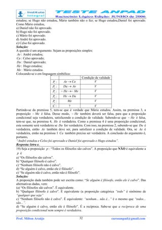 Prof. Milton Araújo cursoanpad@gmail.com32
estudou; se Hugo não estudou, Mário também não o fez; se Hugo estudou,Daniel foi aprovado.
Como Mário estudou,
a) Daniel não foi aprovado.
b) Hugo não foi aprovado.
c) Mário foi aprovado.
d) André foi aprovado.
e) Celso foi aprovado.
Solução:
A questão é um argumento. Sejam as proposições simples:
:Ae André estudou;
:Ca Celso aprovado;
:Da Daniel aprovado;
:He Hugo estudou;
:Me Mário estudou.
Colocando-se o em linguagem simbólica:
Condição de validade
:1
P CaAe → V
:2
P AeDa → V
:3
P MeHe ~~ → V
:4
P DaHe → V
:5
P Me V
:C ? V
Partindo-se da premissa 5, tem-se que é verdade que Mário estudou. Assim, na premissa 3, a
proposição Me~ é falsa. Desse modo, He~ também deverá ser falsa, para que a proposição
condicional seja verdadeira, satisfazendo a condição de validade. Sabendo-se que He~ é falsa,
tem-se que, na premissa 4, He é verdadeira. Como a premissa 4 é uma proposição condicional,
esta somente será verdadeira se Da for verdadeira. Com isso, na premissa 2, sabendo-se que Da é
verdadeira, então Ae também deve ser, para satisfazer a condição de validade. Ora, se Ae é
verdadeira, então na premissa 1 Ca também precisa ser verdadeira. A conclusão do argumento é,
portanto,
“André estudou e Celso foi aprovado e Daniel foi aprovado e Hugo estudou”.
Resposta: letra e.
19) Seja a proposição :p “Todos os filósofos são calvos”. A proposição que NÃO é equivalente a
p é
a) “Os filósofos são calvos”.
b) “Qualquer filósofo é calvo”.
c) “Nenhum filósofo não é calvo”.
d) “Se alguém é calvo, então ele é filósofo”.
e) “Se alguém não é calvo, então não é filósofo”.
Solução:
A proposição dada também pode ser escrita como: “Se alguém é filósofo, então ele é calvo”. Das
alternativas dadas, vem:
(a) “Os filósofos são calvos”. É equivalente.
b) “Qualquer filósofo é calvo”. É equivalente (a proposição categórica “todo” é sinônimo de
“qualquer que seja”
c) “Nenhum filósofo não é calvo”. É equivalente: “nenhum... não é...” é o mesmo que “todos...
são...”.
d) “Se alguém é calvo, então ele é filósofo”. É a recíproca. Sabe-se que a recíproca de uma
proposição condicional nem sempre é verdadeira.
 