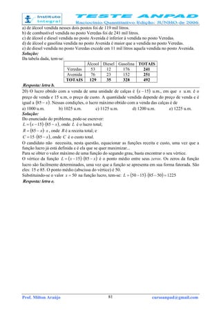 Prof. Milton Araújo cursoanpad@gmail.com81
a) de álcool vendida nesses dois postos foi de 119 mil litros.
b) de combustível vendida no posto Veredas foi de 241 mil litros.
c) de álcool e diesel vendida no posto Avenida é inferior à vendida no posto Veredas.
d) de álcool e gasolina vendida no posto Avenida é maior que a vendida no posto Veredas.
e) de diesel vendida no posto Veredas excede em 11 mil litros aquela vendida no posto Avenida.
Solução:
Da tabela dada, tem-se:
Álcool Diesel Gasolina TOTAIS
Veredas 53 12 176 241
Avenida 76 23 152 251
TOTAIS 129 35 328 492
Resposta: letra b.
20) O lucro obtido com a venda de uma unidade de calças é ( )15−x u.m., em que x u.m. é o
preço de venda e 15 u.m, o preço de custo. A quantidade vendida depende do preço de venda e é
igual a ( )x−85 . Nessas condições, o lucro máximo obtido com a venda das calças é de
a) 1000 u.m. b) 1025 u.m. c) 1125 u.m. d) 1200 u.m. e) 1225 u.m.
Solução:
Do enunciado do problema, pode-se escrever:
( ) ( )xxL −⋅−= 8515 , onde L é o lucro total;
( ) xxR ⋅−= 85 , onde R é a receita total; e
( )xC −⋅= 8515 , onde C é o custo total.
O candidato não necessita, nesta questão, equacionar as funções receita e custo, uma vez que a
função lucro já está definida e é ela que se quer maximizar...
Para se obter o valor máximo de uma função do segundo grau, basta encontrar o seu vértice.
O vértice da função ( ) ( )xxL −⋅−= 8515 é o ponto médio entre seus zeros. Os zeros da função
lucro são facilmente determinados, uma vez que a função se apresenta em sua forma fatorada. São
eles: 15 e 85. O ponto médio (abscissa do vértice) é 50.
Substituindo-se o valor 50=x na função lucro, tem-se: ( ) ( ) 122550851550 =−⋅−=L
Resposta: letra e.
 