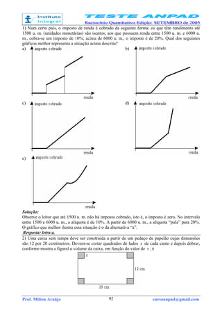 Prof. Milton Araújo cursoanpad@gmail.com92
1) Num certo país, o imposto de renda é cobrado da seguinte forma: os que têm rendimento até
1500 u. m. (unidades monetárias) são isentos; aos que possuem renda entre 1500 u. m. e 6000 u.
m., cobra-se um imposto de 10%; acima de 6000 u. m., o imposto é de 20%. Qual dos seguintes
gráficos melhor representa a situação acima descrita?
a) b)
c) d)
e)
Solução:
Observe o leitor que até 1500 u. m. não há imposto cobrado, isto é, o imposto é zero. No intervalo
entre 1500 e 6000 u. m., a alíquota é de 10%. A partir de 6000 u. m., a alíquota “pula” para 20%.
O gráfico que melhor ilustra essa situação é o da alternativa “a”.
Resposta: letra a.
2) Uma caixa sem tampa deve ser construída a partir de um pedaço de papelão cujas dimensões
são 12 por 20 centímetros. Devem-se cortar quadrados de lados x de cada canto e depois dobrar,
conforme mostra a figural o volume da caixa, em função do valor de x , é
 