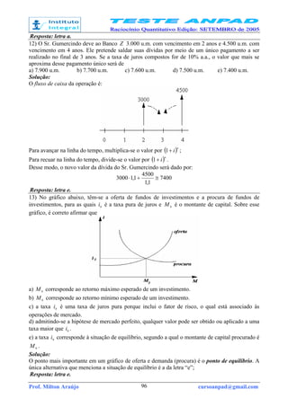 Prof. Milton Araújo cursoanpad@gmail.com96
Resposta: letra a.
12) O Sr. Gumercindo deve ao Banco Z 3.000 u.m. com vencimento em 2 anos e 4.500 u.m. com
vencimento em 4 anos. Ele pretende saldar suas dívidas por meio de um único pagamento a ser
realizado no final de 3 anos. Se a taxa de juros compostos for de 10% a.a., o valor que mais se
aproxima desse pagamento único será de
a) 7.900 u.m. b) 7.700 u.m. c) 7.600 u.m. d) 7.500 u.m. e) 7.400 u.m.
Solução:
O fluxo de caixa da operação é:
Para avançar na linha do tempo, multiplica-se o valor por ( )n
i+1 ;
Para recuar na linha do tempo, divide-se o valor por ( )n
i+1 .
Desse modo, o novo valor da dívida do Sr. Gumercindo será dado por:
7400
1,1
4500
1,13000 ≅+⋅
Resposta: letra e.
13) No gráfico abaixo, têm-se a oferta de fundos de investimentos e a procura de fundos de
investimentos, para as quais 0i é a taxa pura de juros e 0M é o montante de capital. Sobre esse
gráfico, é correto afirmar que
a) 0M corresponde ao retorno máximo esperado de um investimento.
b) 0M corresponde ao retorno mínimo esperado de um investimento.
c) a taxa 0i é uma taxa de juros pura porque inclui o fator de risco, o qual está associado às
operações de mercado.
d) admitindo-se a hipótese de mercado perfeito, qualquer valor pode ser obtido ou aplicado a uma
taxa maior que 0i .
e) a taxa 0i corresponde à situação de equilíbrio, segundo a qual o montante de capital procurado é
0M .
Solução:
O ponto mais importante em um gráfico de oferta e demanda (procura) é o ponto de equilíbrio. A
única alternativa que menciona a situação de equilíbrio é a da letra “e”;
Resposta: letra e.
 