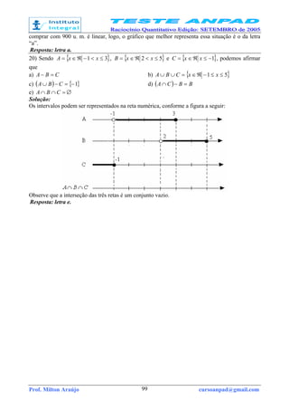 Prof. Milton Araújo cursoanpad@gmail.com99
comprar com 900 u. m. é linear, logo, o gráfico que melhor representa essa situação é o da letra
“a”.
Resposta: letra a.
20) Sendo { }31 ≤<−ℜ∈= xxA , { }52 ≤<ℜ∈= xxB e { }1−≤ℜ∈= xxC , podemos afirmar
que
a) CBA =− b) { }51 ≤≤−ℜ∈=∪∪ xxCBA
c) ( ) { }1−=−∪ CBA d) ( ) BBCA =−∩
e) =∩∩ CBA ∅
Solução:
Os intervalos podem ser representados na reta numérica, conforme a figura a seguir:
Observe que a interseção das três retas é um conjunto vazio.
Resposta: letra e.
 
