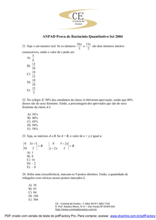 ENEM 2012 Matemática #15 - RACIOCÍNIO LÓGICO, CONTAGEM, SOMA E SUBTRAÇÃO 