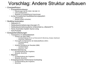 Vorschlag: Andere Struktur aufbauen
• Energieeffizienz
    – Energieeffizienzklassen
          •   Erläuterungen der EN 15232 / SIA 386.110
          •   Links auf Broschüren
          •   Beispiele für Energieeffiziente Anwendungen
    – eu.bac Europäisches Qualitätssicherungssystem
          •   Erläuterungen
          •   Beispiel (soweit vorhanden)
• Building Automation
    –   Übersicht (?)
    –   Gebäudeautomatisierungs-Lösungen (?)
    –   Gebäudeautomationssysteme (Unterschied zu „Übersicht“?)
    –   Home Automation System Synco Living
    –   HLK-Produkte
• Energiedienstleistungen
    – Transparenz im Gebäudebereich
          •   Erfassen der Daten (EMC)
                 – Kurzbeschreibung mit Link auf Dokumente für Monitoring, Analyse, Dashboard
                 – Broschüren, Referenzen
          •   Fernzugriff und Überwachen der Gebäudeeffizienz (AOC)
                 – Kurzbeschreibung
                 – Broschüre
          •   Attraktive Darstellung der Resultate (GBM)
                 – Kurzbeschreibung
                 – Broschüre, Video
    – Betriebs-Optimierung
          •   Kurzbeschreibung des Vorgehens
          •   Beispiele, Broschüre
    – Migration
          •   Kurzbeschreibung des Vorgehens
          •   Beispiele, Broschüre
    – Energiesparendes Performance Contracting
          •   Kurzbeschreibung des Vorgehens
          •   Broschüre
 