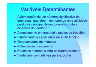 Variáveis Determinantes
Aglomeração de um número significativo de
empresas, que atuem em torno de uma atividade
produtiva principal, levando-se em conta a
dinâmica do território :
Adensamento empresarial e postos de trabalho
Faturamento e capacidade de atrair funding
Oportunidades de mercado
Potencial de crescimento
Recursos naturais e infra-estrutura existente
Vantagens competitivas para exportar
 